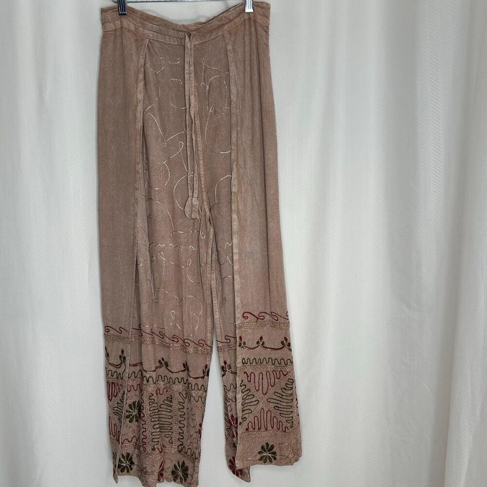The Om Companty tan embroidered wide leg pants yoga pilates beach medium